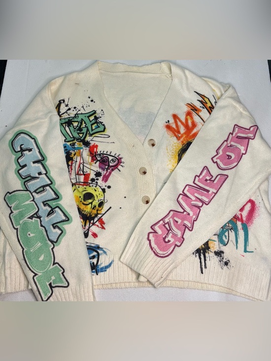 Sweaters - Graphic Cream Cardigan with Multicolor Street Art Print